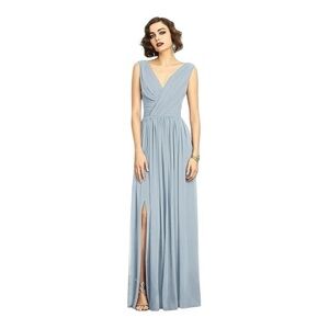 Dessy Collection Blue Mist Sleeveless Draped Chiffon Maxi Dress Front Slit 2894